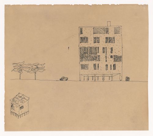 Sketch elevation and axonometric for Apartment House