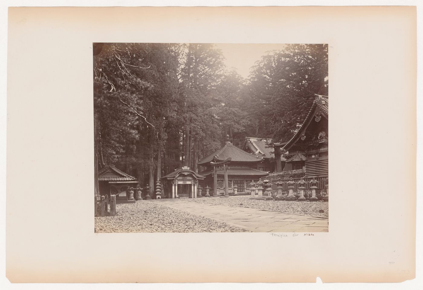 Partial view of the Toshogu Mausoleum complex showing the Guardhouse, the Washbasin Shed, the Sutra Repository, a torii, and other structures, Nikko, Japan