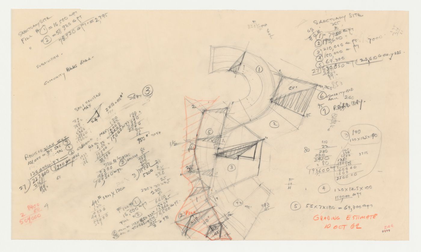 Swedenbory Memorial Chapel, El Cerrito, California: Partial grading plan and sections for access road, with calculations for grading estimate