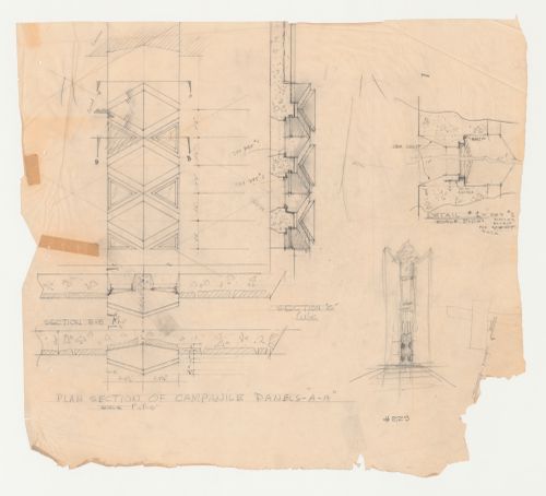 Wayfarers' Chapel, Palos Verdes, California: Elevations, sections, perspective detail and perspective sketch for the campanile