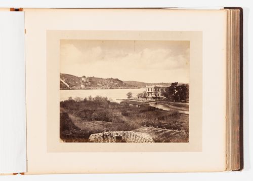 View of the Bosporus, the Küçüksu Palace (also known as the Göksu Palace) and a river with the Rumeli Hisari in the background, Constantinople (now Istanbul), Ottoman Empire (now in Turkey)