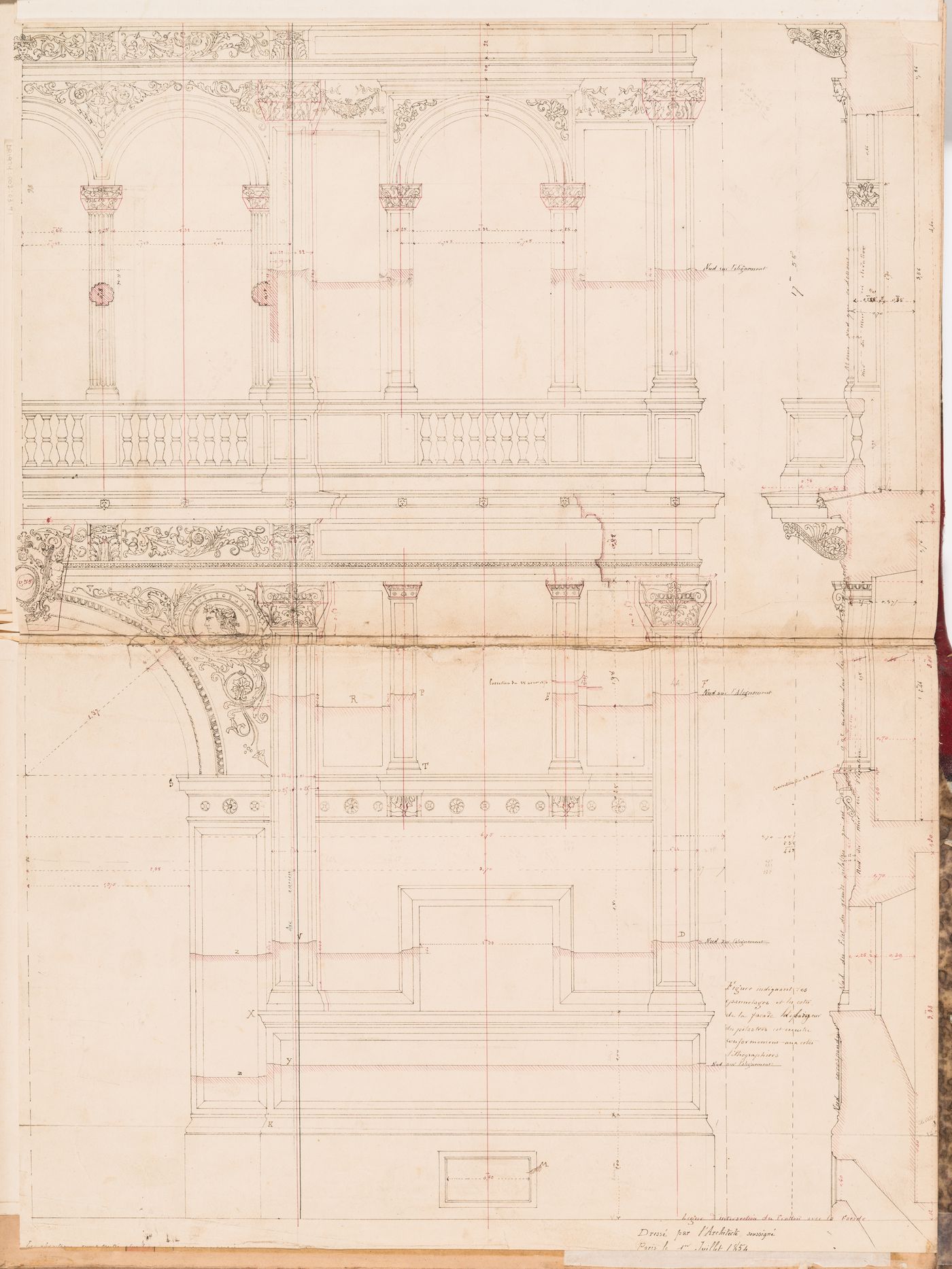 Half elevation, wall section and profile for the principal façade indicating the form of the rough cut stone, Hôtel Soltykoff; verso: Roof section, Hôtel Soltykoff