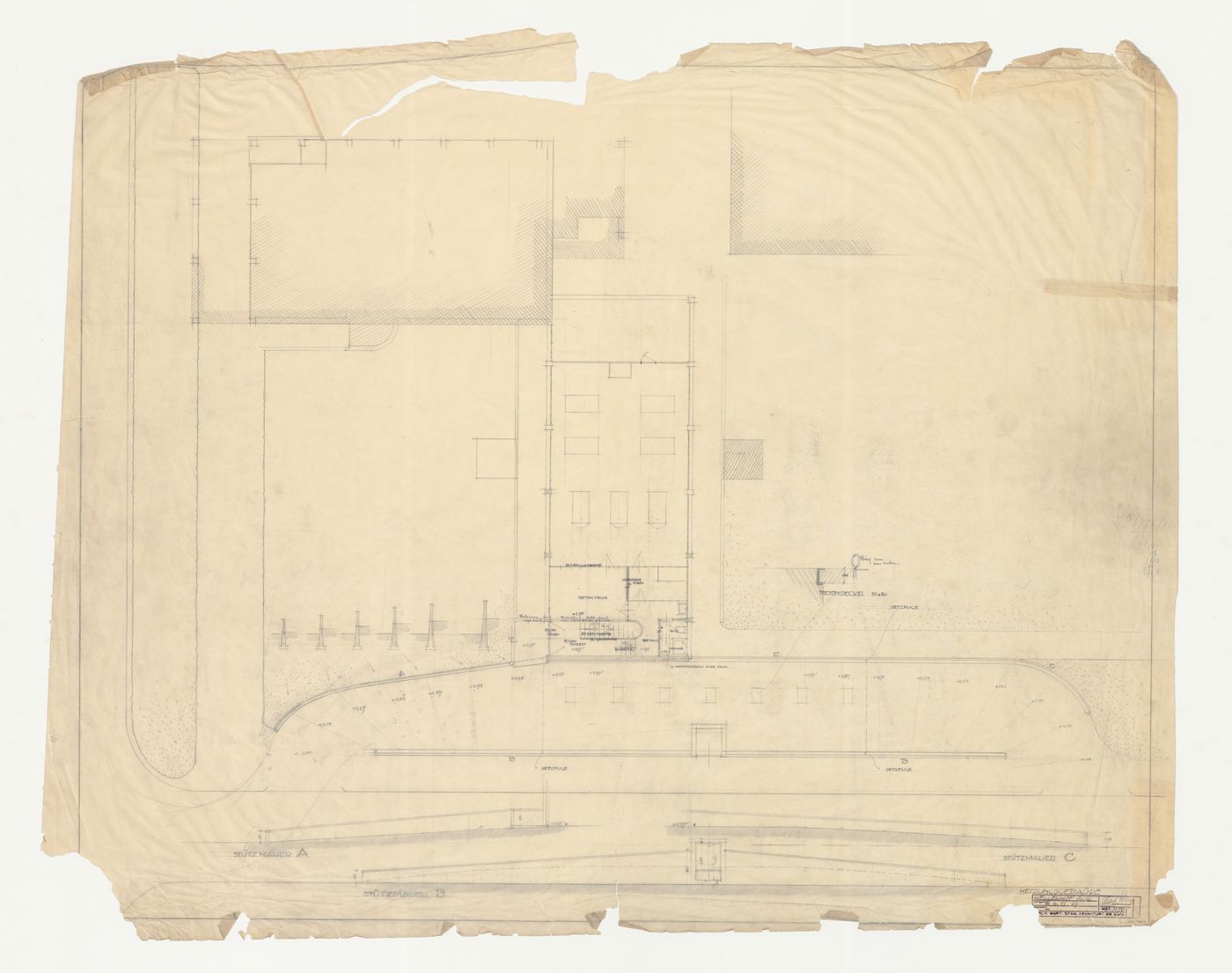 Plan and sections for the heating systems building for Hellerhof Housing Estate, Frankfurt am Main, Germany