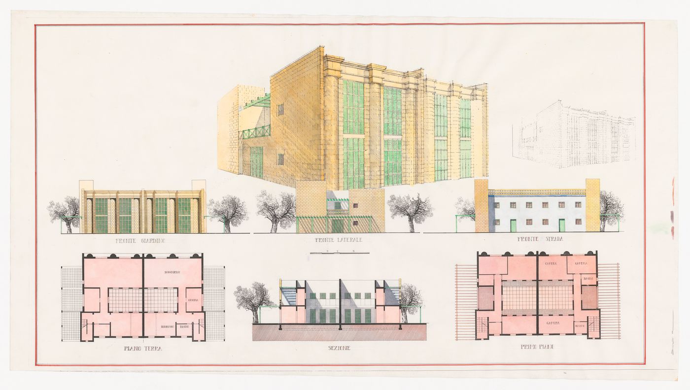 Perspective, elevations, plans, and section for Centro residenziale integrato, Casamassima, Italy