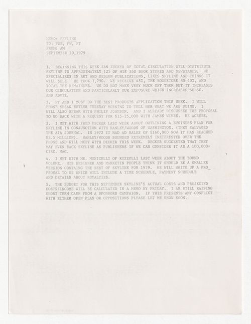 Memorandum from Andrew MacNair to Peter D. Eisenman, Peter Wolf and Frederieke Taylor about update on status of Skyline