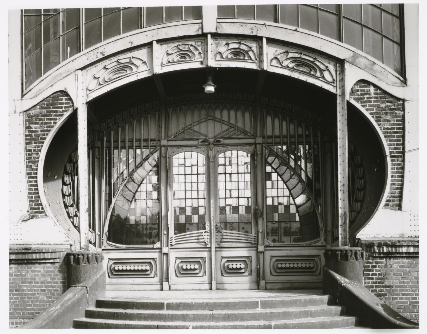 View of the main entrance of the turbine building of Zeche Zollern 2 [Colliery Zollern 2] (now the Westphalian Industrial Museum) showing decorative ironwork, Bövinghausen, Dortmund, Germany