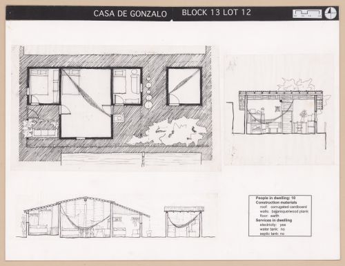 Presentation panel with floor plan, elevation, and section of Casa de Gonzalo for the Urban Upgrading project La Esperanza, in Zihuatanejo, Mexico