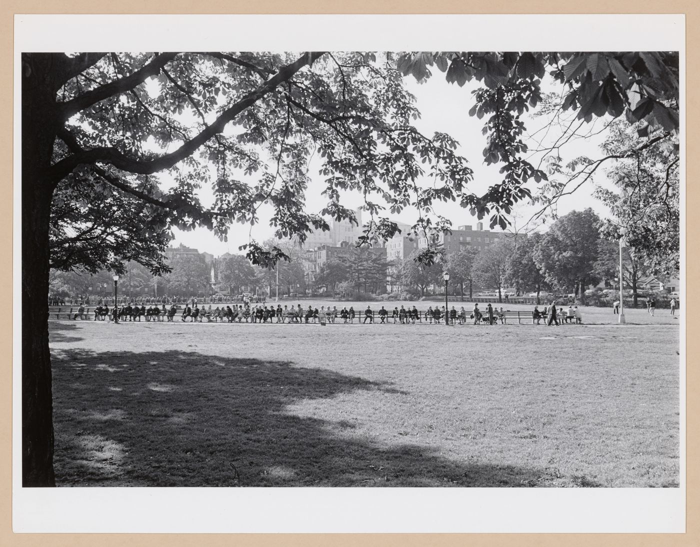 View of King Park field showing a long bench and people sitting with buildings in the background, Long Island