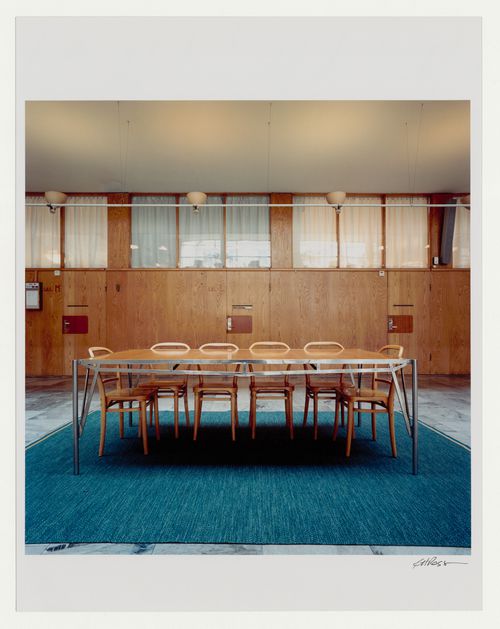 Interior view of the Göteborgs radhusets tillbyggnad [courthouse annex], showing a table and chairs in main hall, Göteborg, Sweden