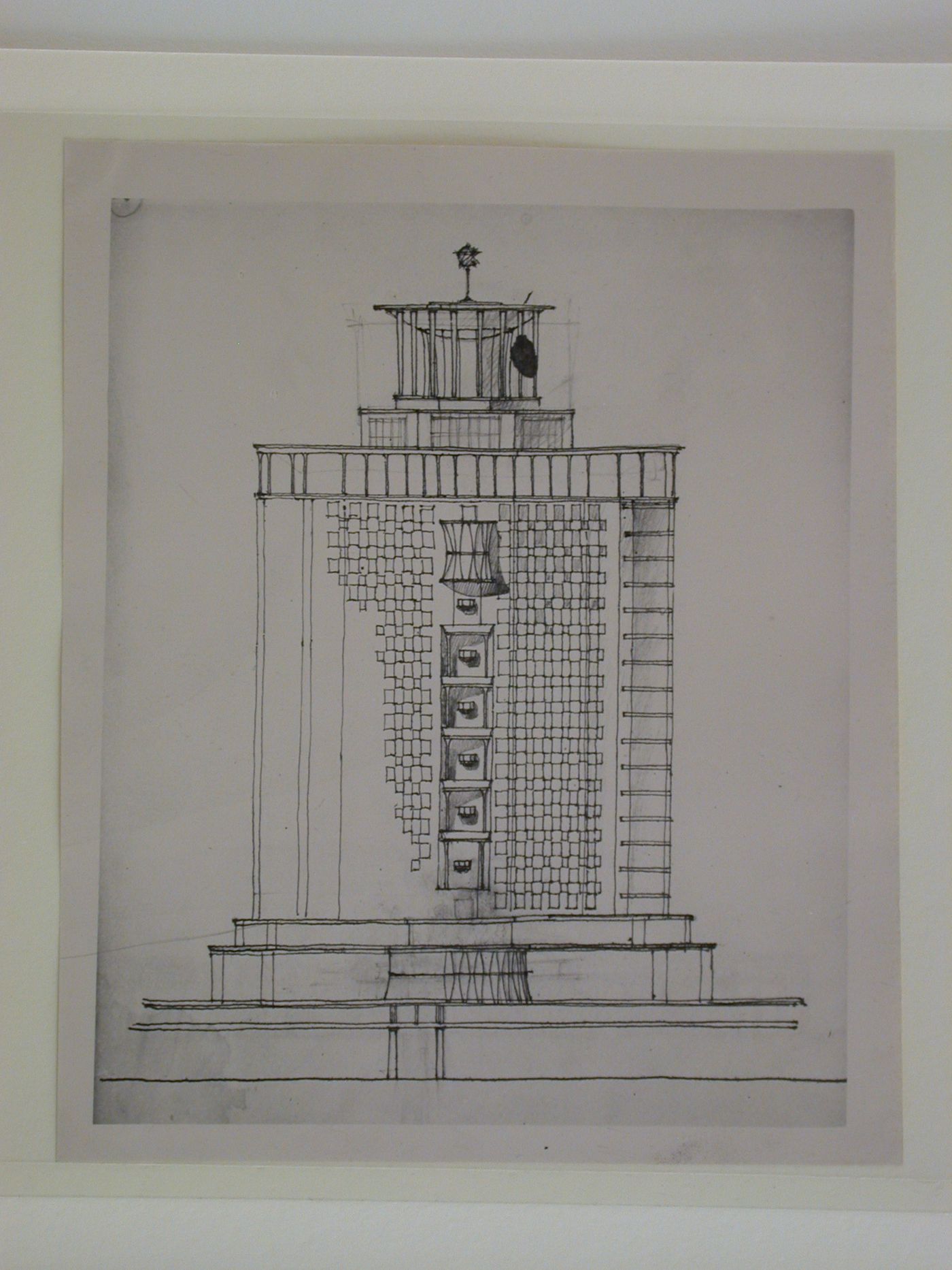 Photograph of an elevation for the principal façade for the editing block of the Izvestiia newspaper combine, Moscow