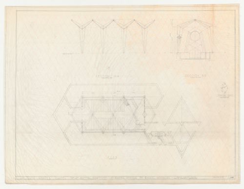 Wayfarers' Chapel, Palos Verdes, California: Plan for chapel and campanile and two sections through the chapel developed on an equilateral parallelogram grid