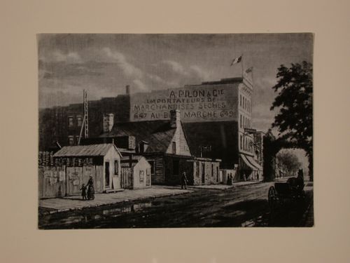 Photograph of a painting of rue Ste-Catherine at the corner of rue St-André, Montréal