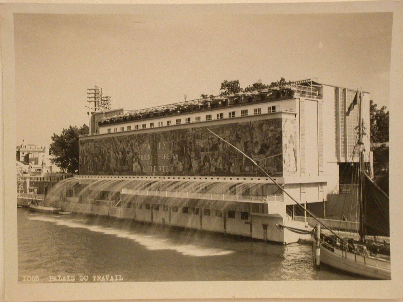 View of the Pavillon du Travail (also known as the Palais du Travail) with the Seine in the foreground, 1937 Exposition internationale, Paris, France