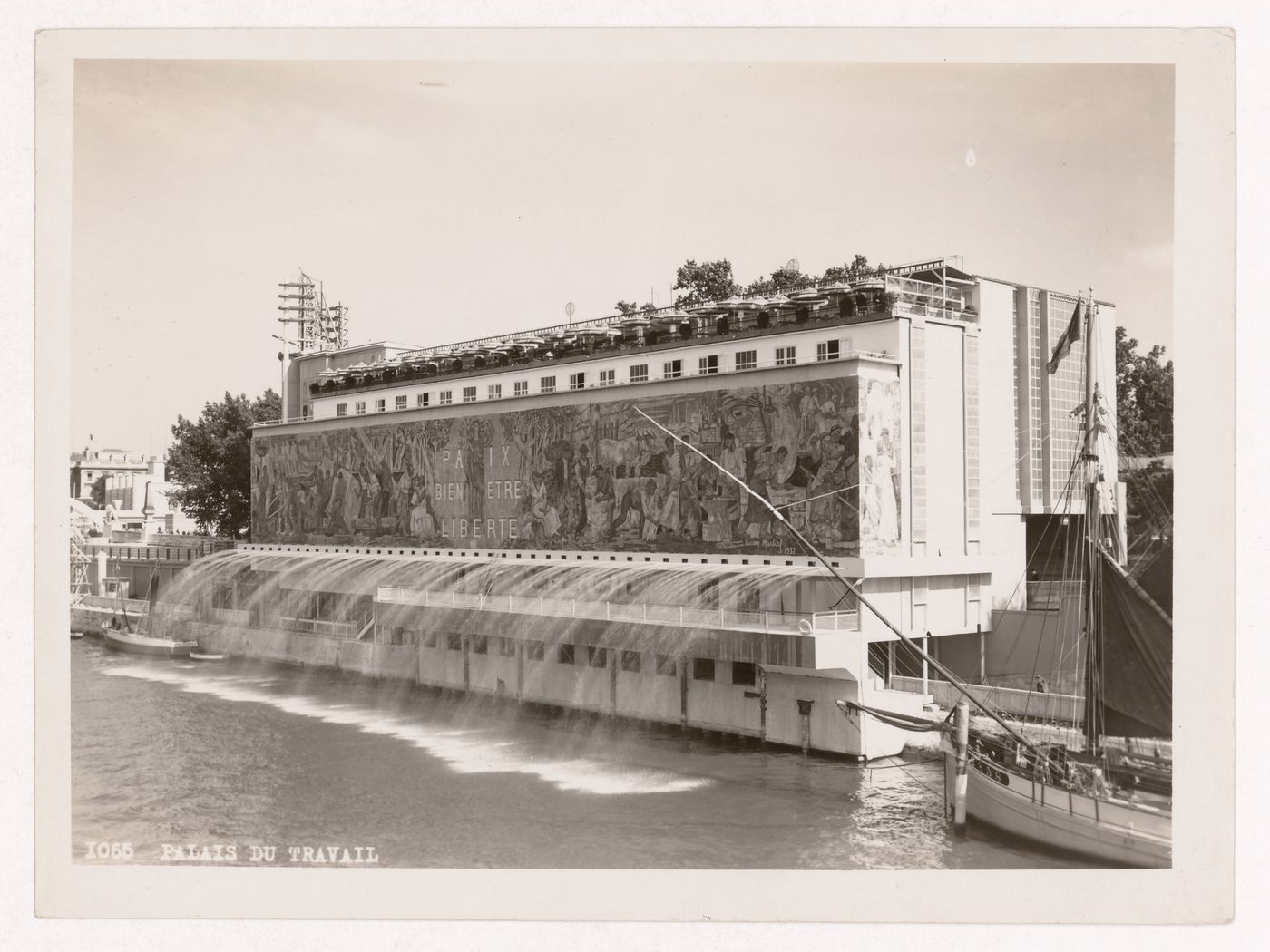 View of the Pavillon du Travail (also known as the Palais du Travail) with the Seine in the foreground, 1937 Exposition internationale, Paris, France