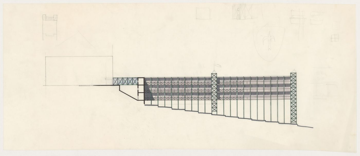 Elevation with sketches for Casa dello studente, Trieste, Italy