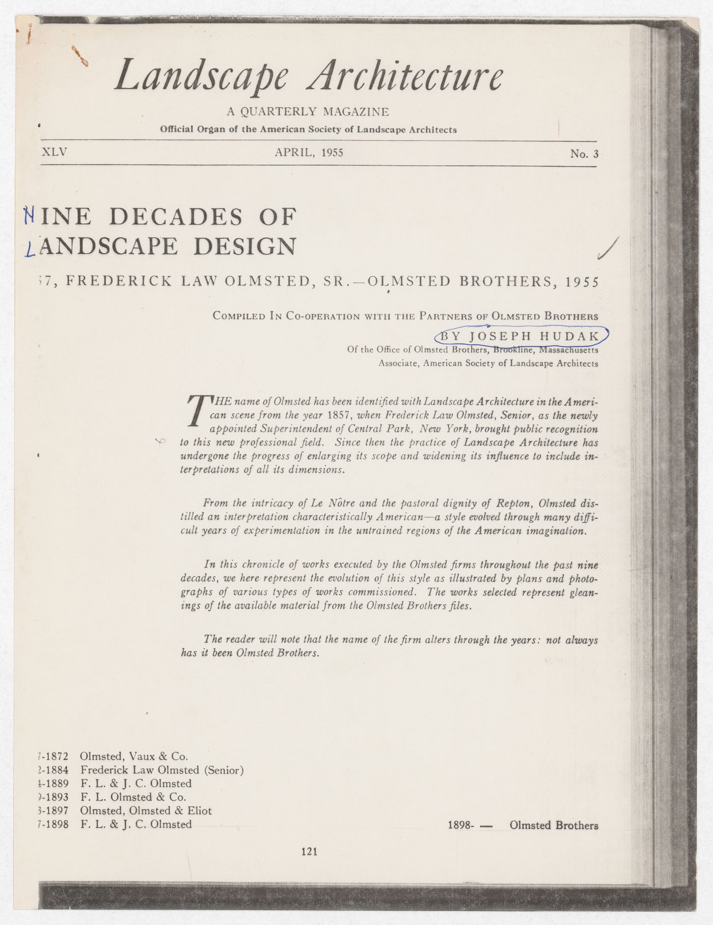 Photocopy of article about the Olmsteds by Joseph Hudak, Nine Decades of Landscape Design, Landscape Architecture XLV, No. 3 for the exhibition Olmsted: L'origine del parco urbano e del parco naturale contemporaneo