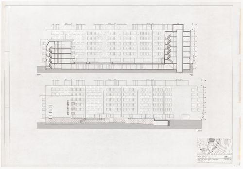 Elevations and section for Ceramique Terrein Blocos de habitação e escritórios, Maastrich, the Netherlands