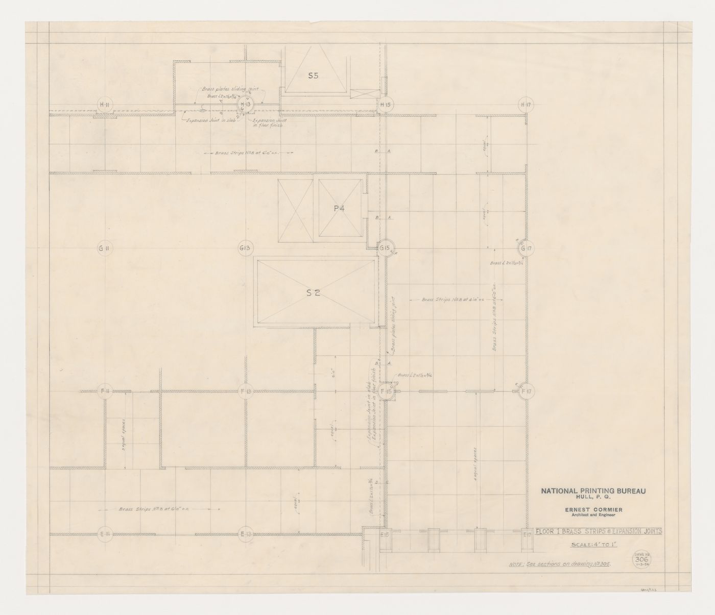 Plan du plancher de l'étage 1 : bandes de laiton et joints de dilatation, Imprimerie Nationale du Canada, Hull, Québec, Canada
