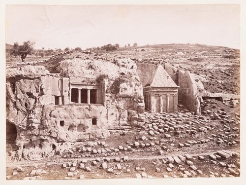View of rock-cut colonnaded structures, probably tombs, amidst ruins, Lebanon ?