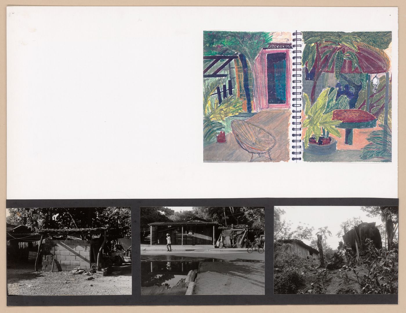 Presentation panel with pages of a sketchbook with landscape rendering and photographs of houses surrounding landscape for the Urban Upgrading project La Esperanza, in Zihuatanejo, Mexico