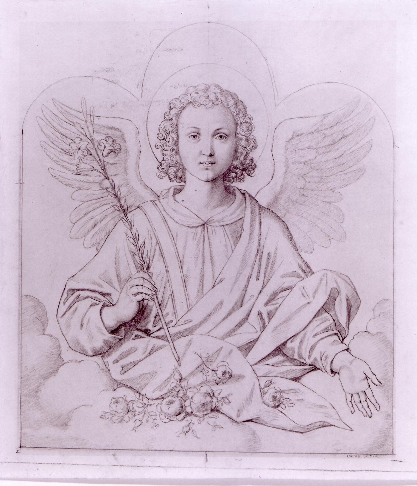 Drawing for an angel holding flowers for the baptistery for Notre-Dame de Montréal