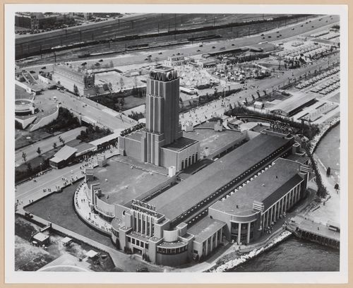 Aerial view of the General Motors Corporation pavilion showing the surrounding fair expositions, 1933-1934 Chicago World's Fair, Chicago, Illinois
