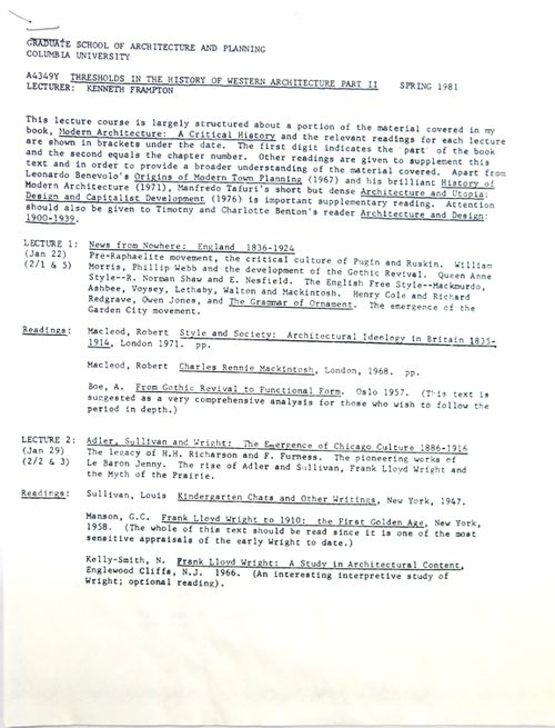 Syllabus of  the A4349Y Threshold in History of Western Architecture Part II at Columbia University's Graduate School of Architecture, Planning and Preservation
