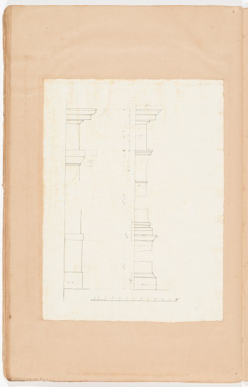 Interior wall elevation with furniture; verso: Details for pilasters