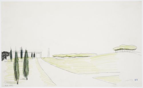 Perspective for the Way of the Cross Walkway and Monument Hall showing an obelisk, Woodland Crematorium, Woodland Cemetery, Stockholm, Sweden