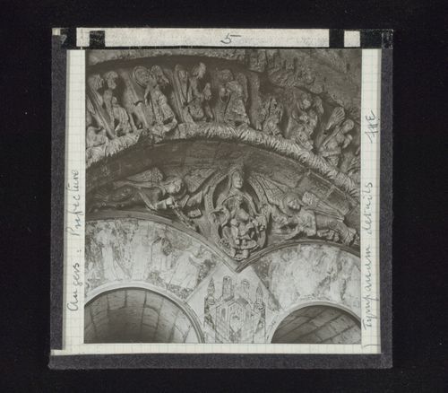 Detail view of tympanum with relief sculpture in prefecture, Angers, France