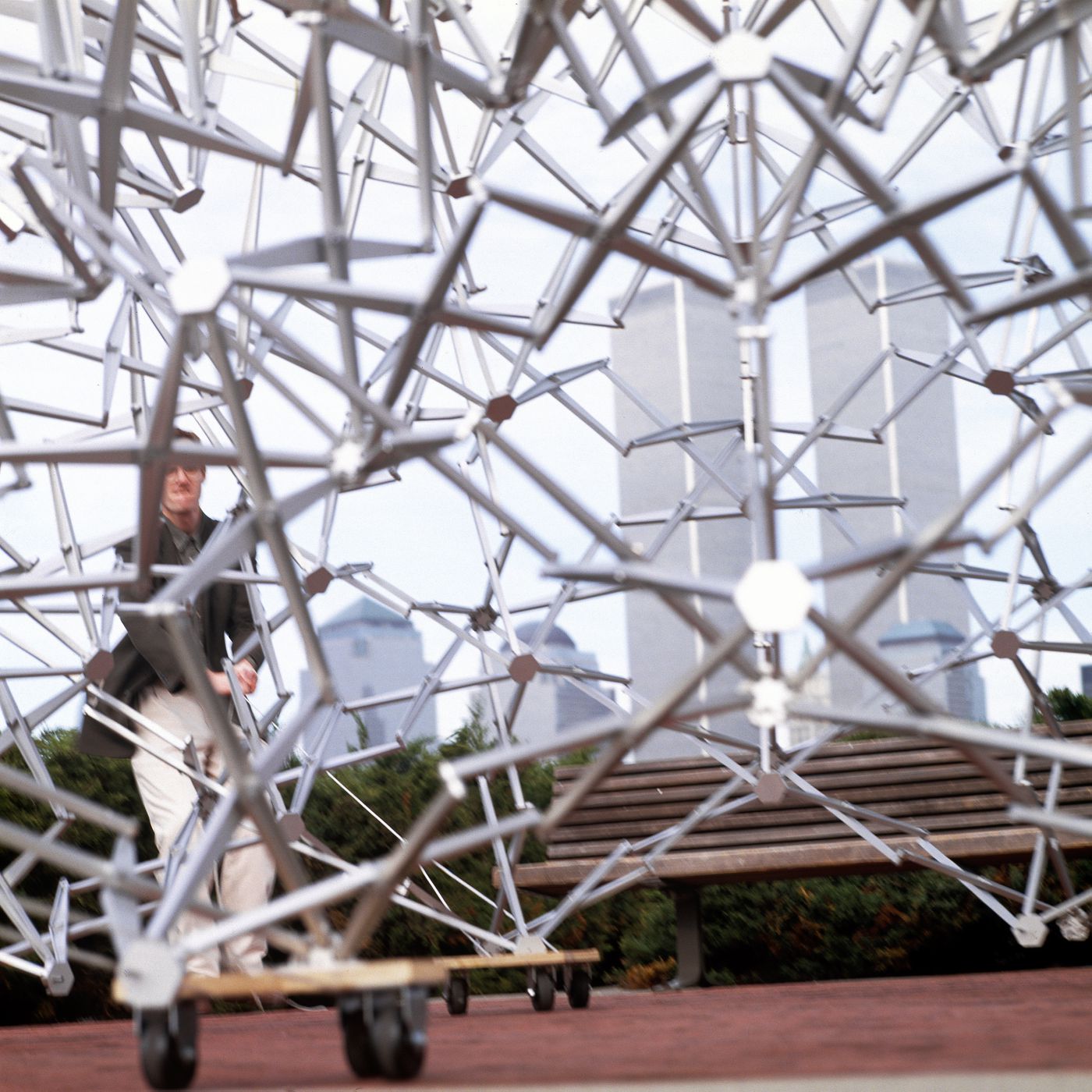 Close-up view of the Expanding Geodesic Dome during expansion, Liberty State Park, Jersey City, New Jersey.