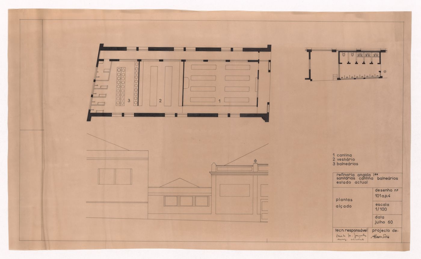 Plans and elevation for Refeitório da Refinaria Angola, Matosinhos, Portugal