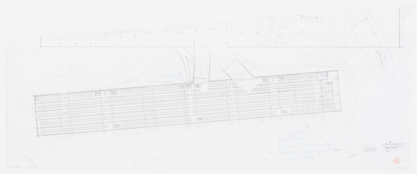 Sketch of level 1B on the stacks building side, scale 1:500, Kansai-Kan of the National Diet Library, Seika, Japan