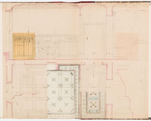 Interior elevation, reflected ceiling plan, plan for the floor tile pattern, and moulding profiles for the "salle sur la cour" or the "salle d'armes" on the second floor, Hôtel Soltykoff
