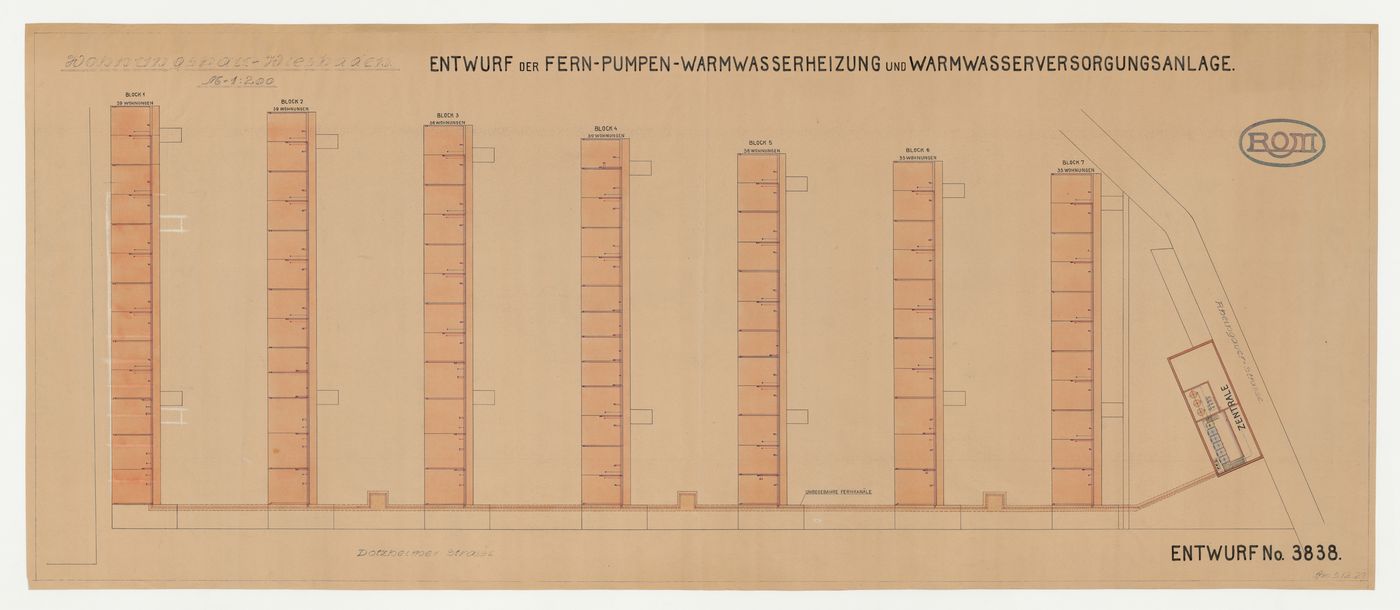 Site plan for air pressure pumps, warm water heating, and warm water supply for a housing estate, Wiesbaden, Germany