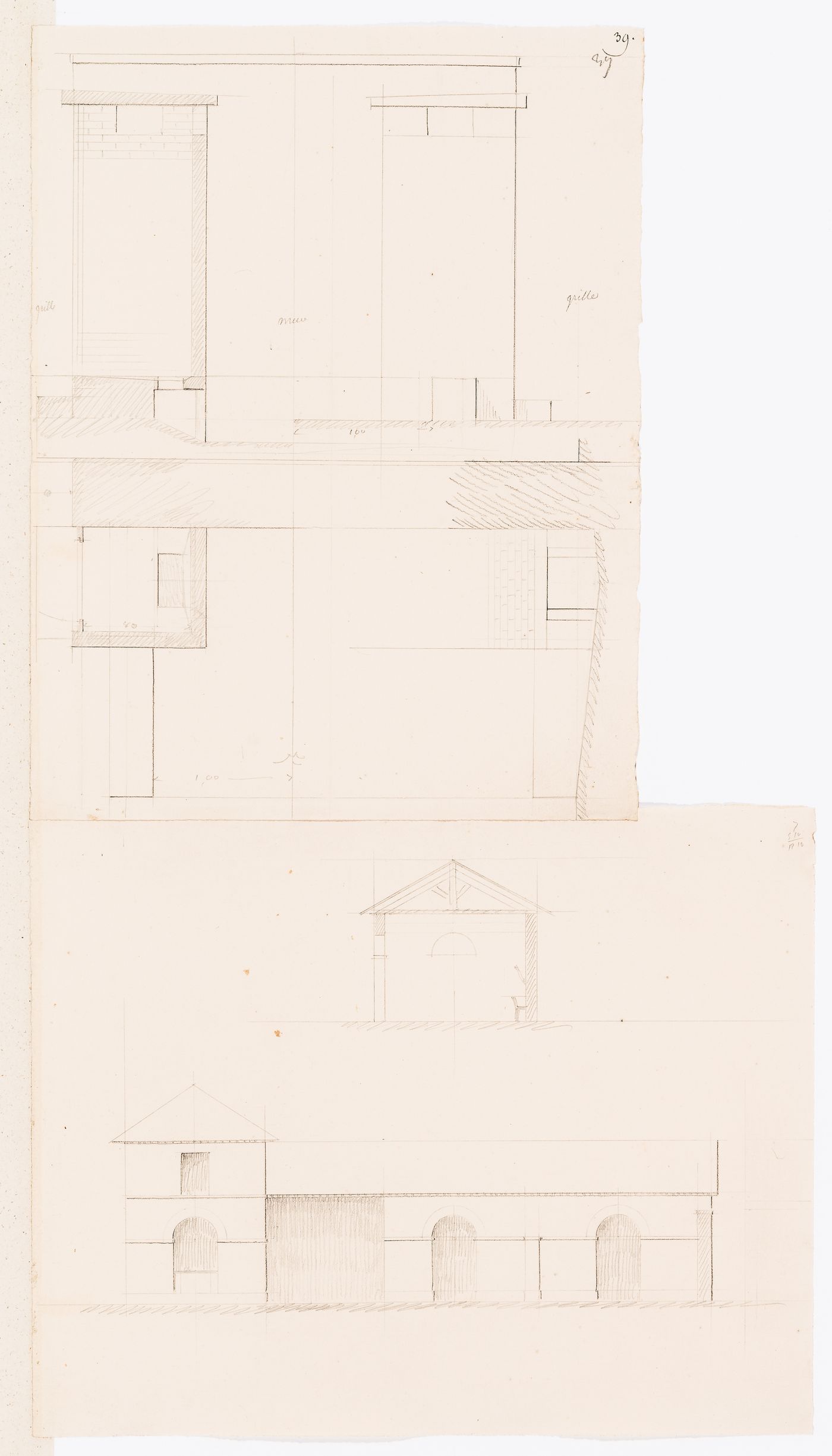 Project for a horse slaughterhouse, Plaine de Grenelle: Plans and elevations for a "grille"