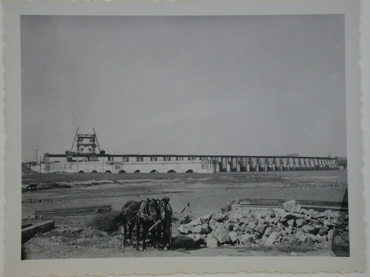 View of Dnieper Hydroelectric Power Station under construction, Zaporozhe, Soviet Union (now in Ukraine)