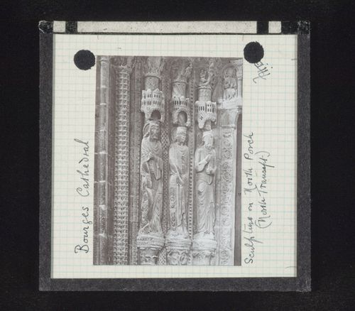 Detail view of sculpture of portal of north transept of Cathédrale Saint-Etienne de Bourges, Bourges, France