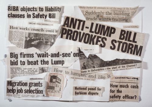 Collage of newspaper headlines related to the building industry in Britain (slide from the McAppy project series)