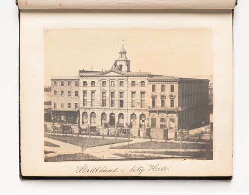 View of City Hall (formerly the Jenny Lind Theater) from across Portsmouth Square (also known as the Plaza), Washington and Kearny Streets, San Francisco