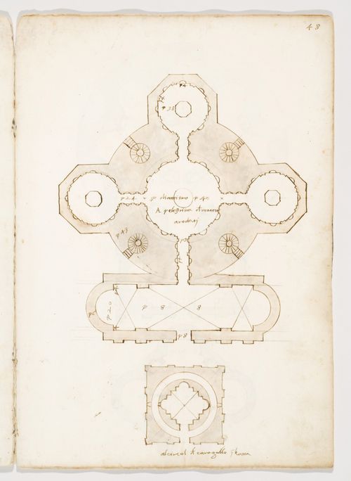 Plan of an unidentified building in Palestrina, Lazio ; bottom: Plan of the sepulchral monument of the Servilii on the Via Appia, Rome