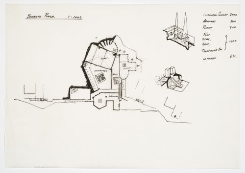 British Telecom National Networks Headquarters, Milton Keynes, England: plan and axonometric sketches