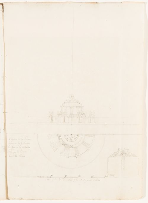 Conceptual sketch elevation and half plan for a two-tiered fountain, including a detail for the sculpture; verso: Sketch plan, possibly for place Louis XV