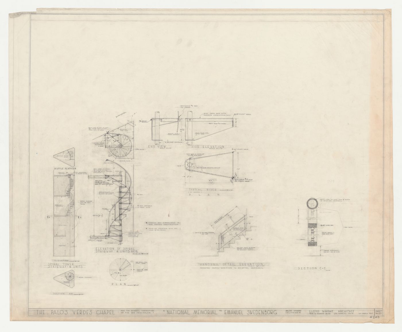 Wayfarers' Chapel, Palos Verdes, California: Elevations, plan, section and details for campanile spiral staircase, with an elevation and section for an addition to the handrail of the existing staircase