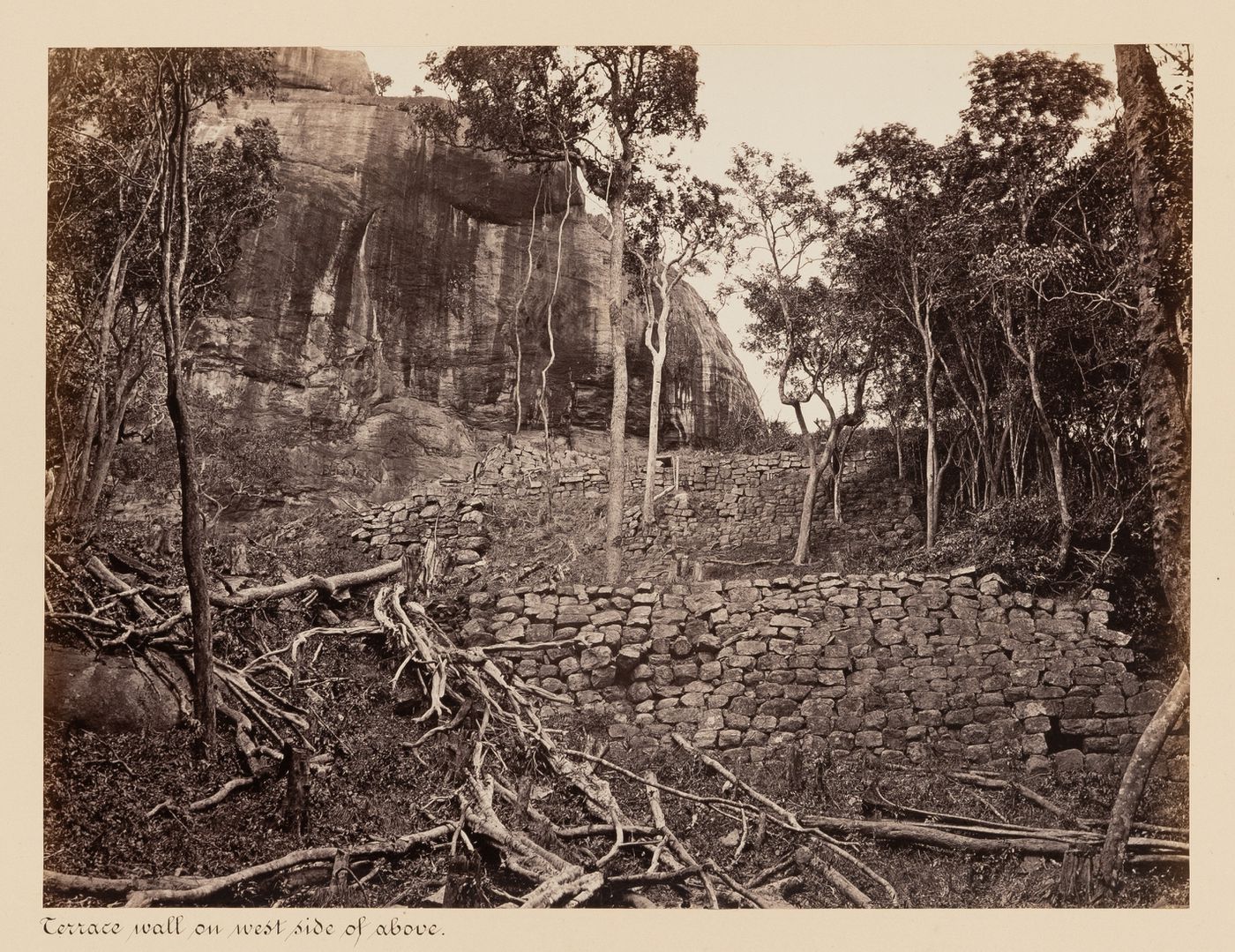 View of the west façade of the fortifications showing retaining walls, Sigiriya, Ceylon (now Sri Lanka)