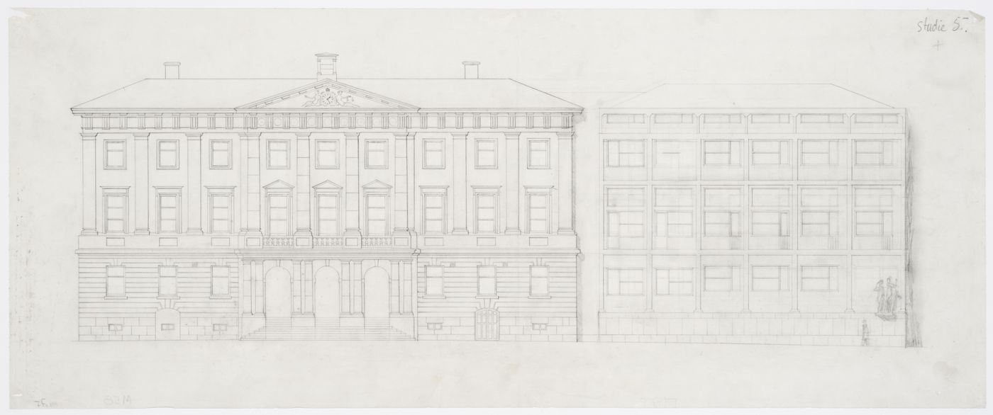 Elevation for the principal façade for the 1934-1937 design for Göteborg rådhusets tillbyggnad [courthouse annex] showing the Göteburg rådhus [courthouse], Göteborg, Sweden