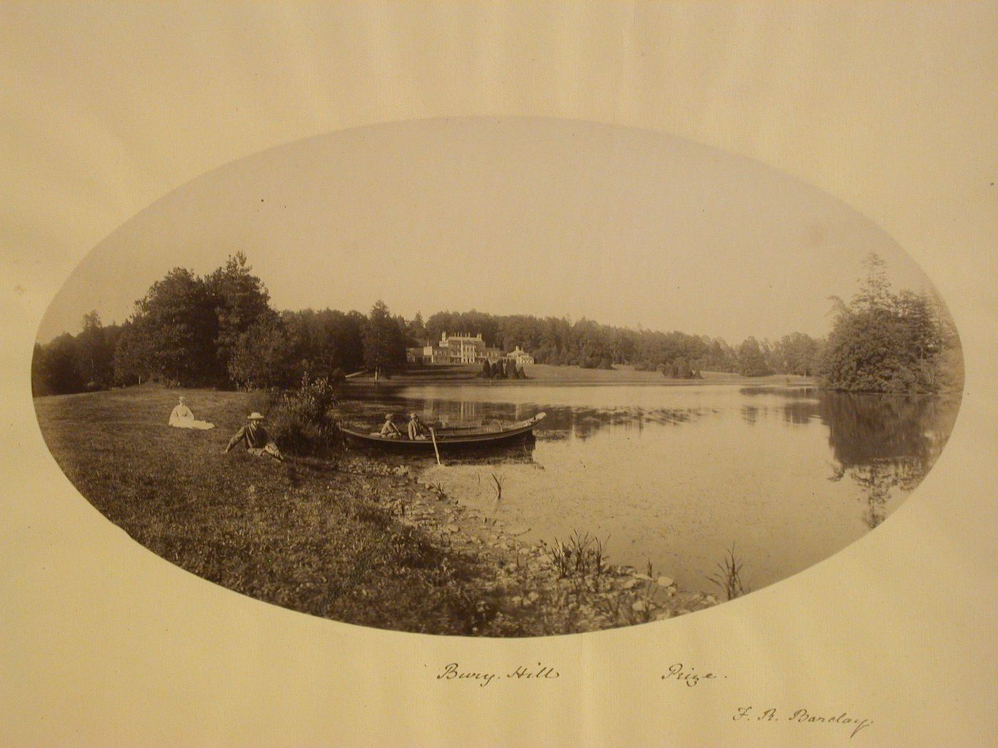 View of country estate (possibly Burry Hill House) with river and people in a small rowing boat and on the banks, house in the distance, Bury Hill, England, United Kingdom