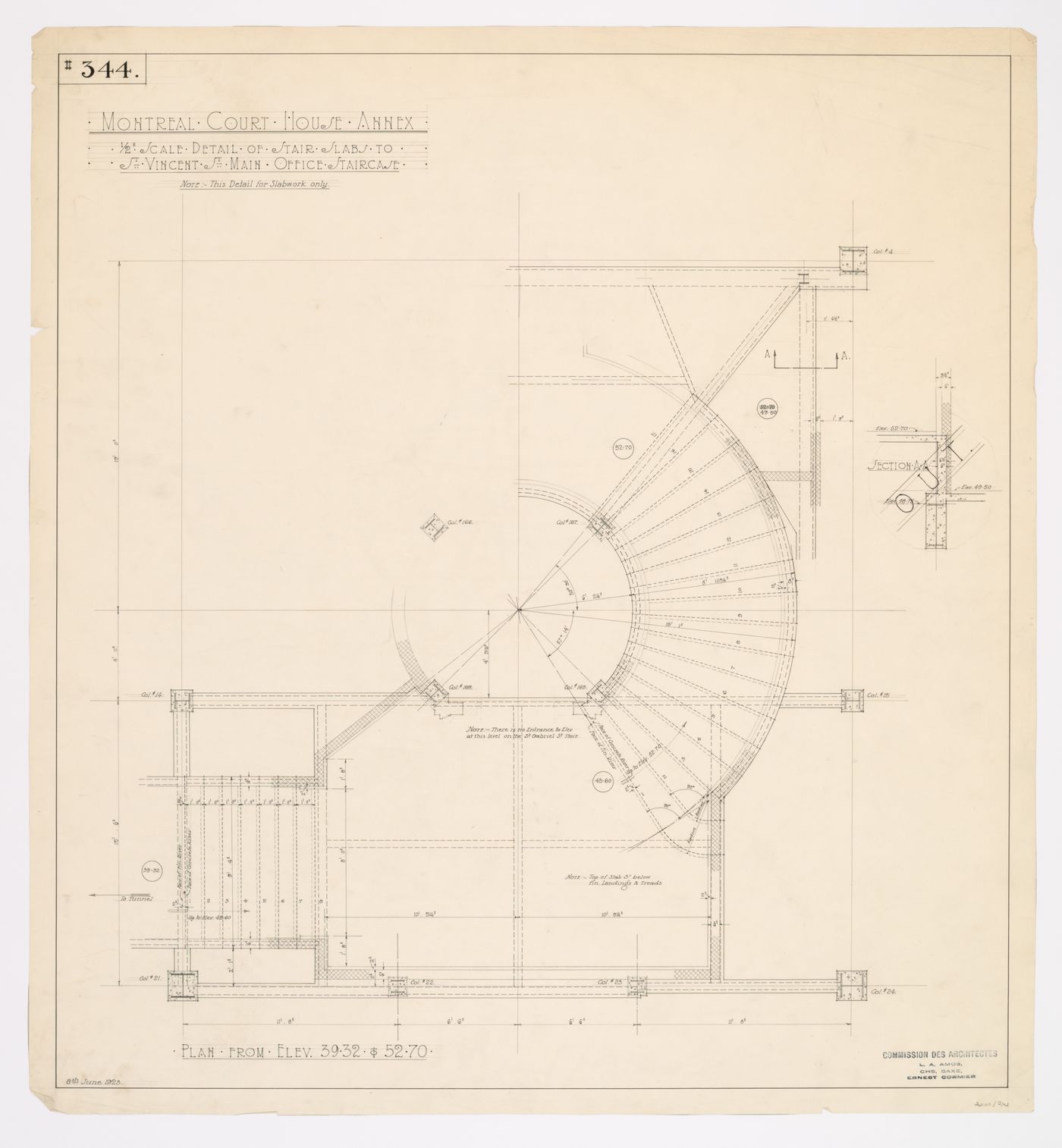 Détails structuraux des dalles de l'escalier du bureau principal, Annexe au Palais de Justice de Montréal, Montréal, Canada