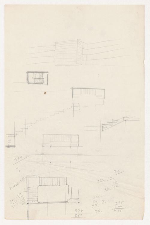 Sketch plans and perspective sketch for stairwells and sketch elevations for stairs for Illinois Institute of Technology