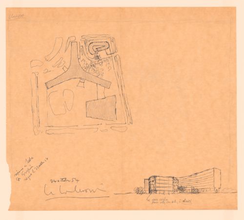 Sketch site plan and sketch view of an alternative proposal for the pavilion at UNESCO Headquarters